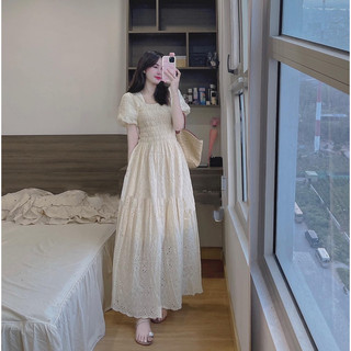 ĐẦM MIDI XÔ REN HOA SMOCKING ĐUÔI CÁ