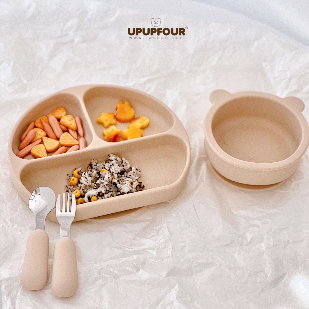 Thìa dĩa tập xúc inox cán ngắn cùng màu bát ăn dặm silicon gấu cho bé