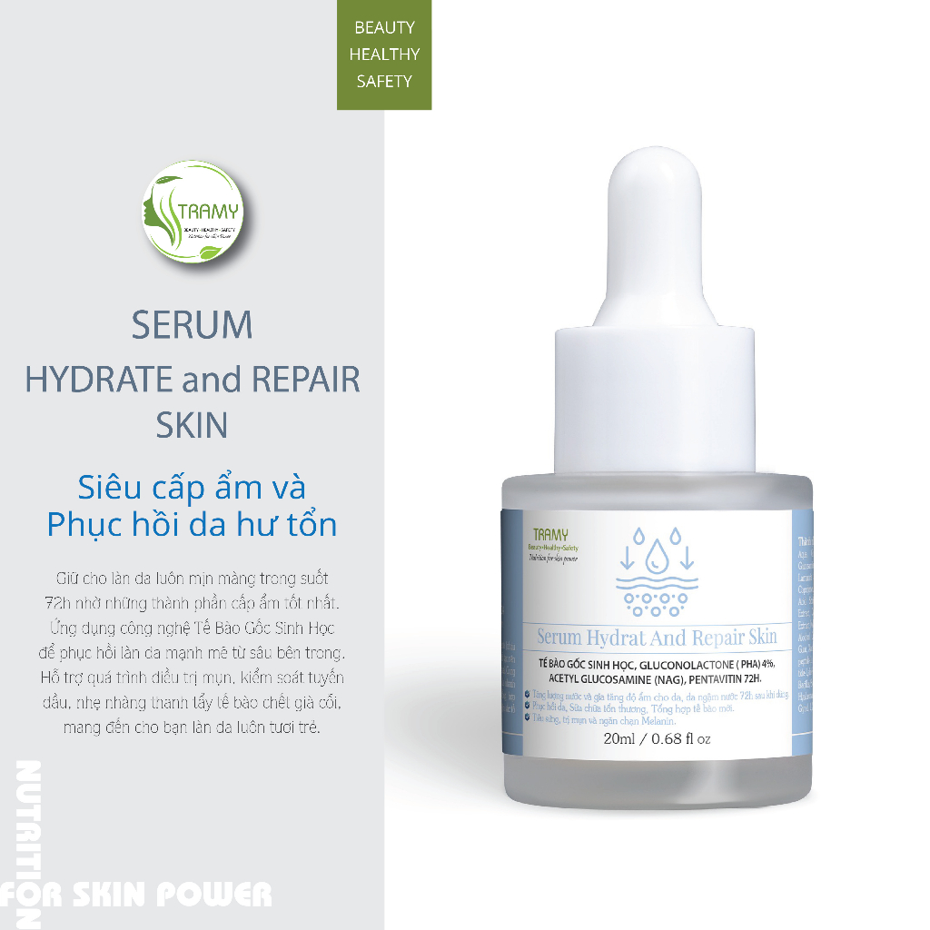 Serum Hydrate and Repair_ Tế bào gốc sinh học, NAG, PHA_ phục hồi da yếu mỏng, cấp nước suốt 72h, ngừa mụn, sáng da