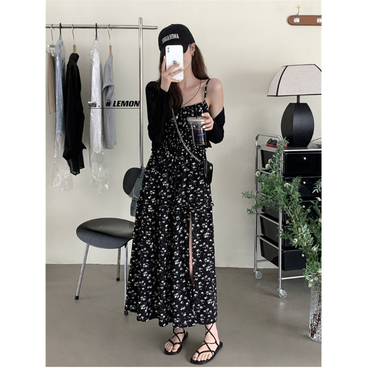 Đầm váy nữ 2 dây hoa nhí màu đen váy vải lụa đùi xẻ tà phối khoác chất thun vintage