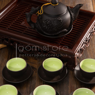 Ấm trà tử sa Bát Tràng đắp nổi hoa phù dung (Bộ trên không kèm khay ấm chén)
