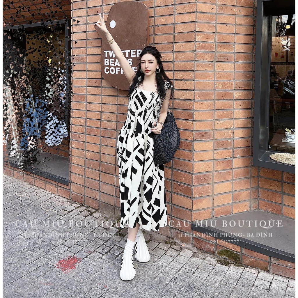 Maxi Hình Học Full Hai Màu Trắng Đen Đũi Gân Xịn Đẹp, Freesize Dưới 55 Kg