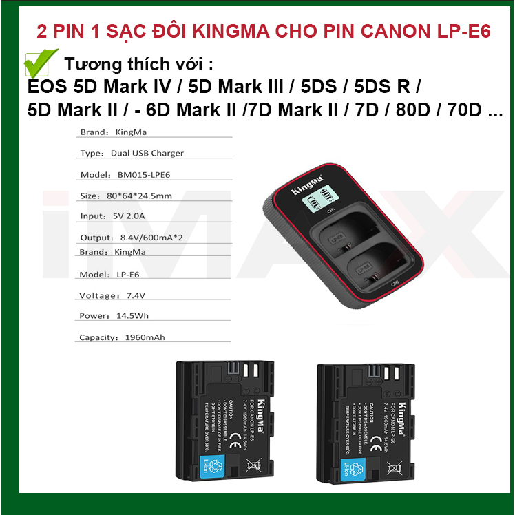 PIN SẠC MÁY ẢNH KINGMA FOR PIN LP-E6 VER 3