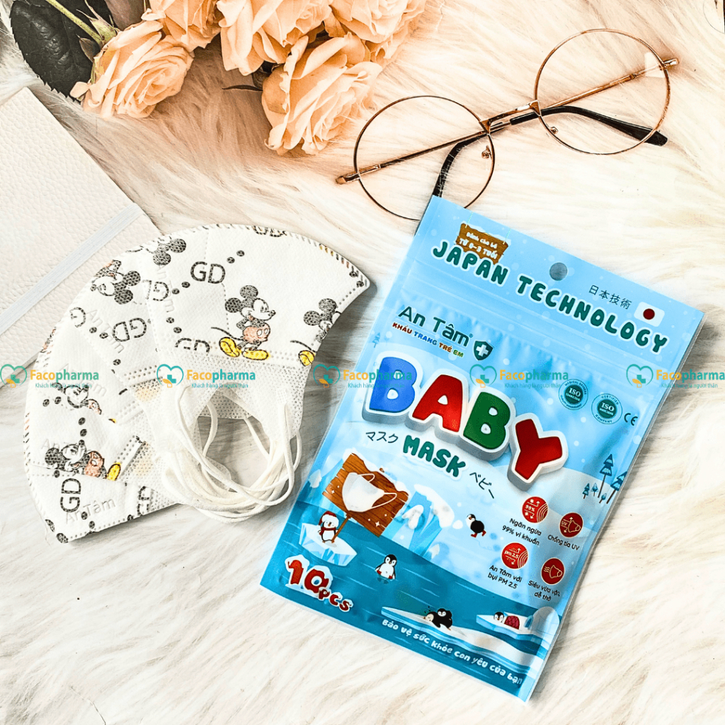 Khẩu trang cho bé sơ sinh đến 3 tuổi không đau tai với cấu trúc loc 99% bụi mịn hoạ tiết xinh xắn 5d An tâm