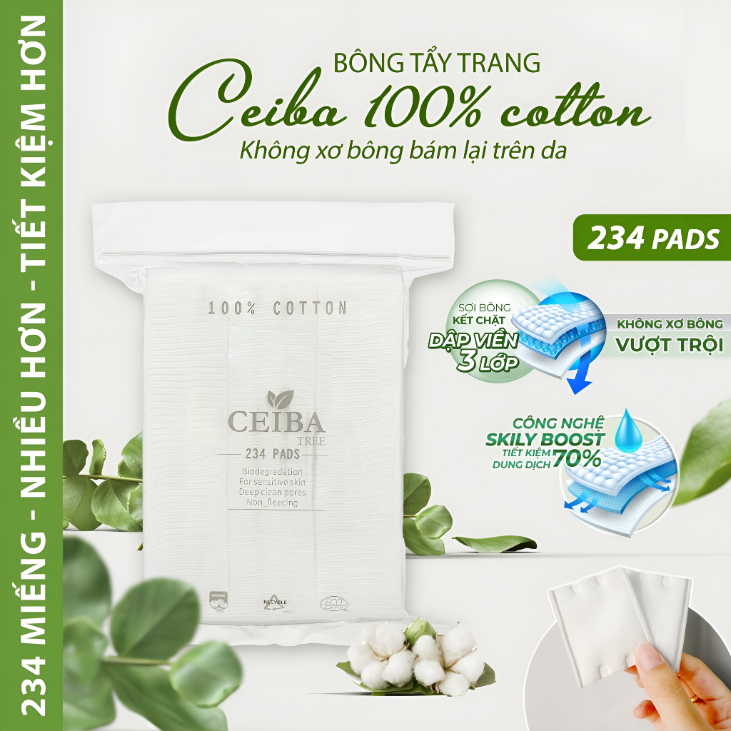 Bông Tẩy Trang 222 + 12 Miếng Ceiba Pháp BTT Cotton Pads Sạch Da Organic An Toàn Mềm Mịn Siêu Dày 80/120/140/234 Miếng