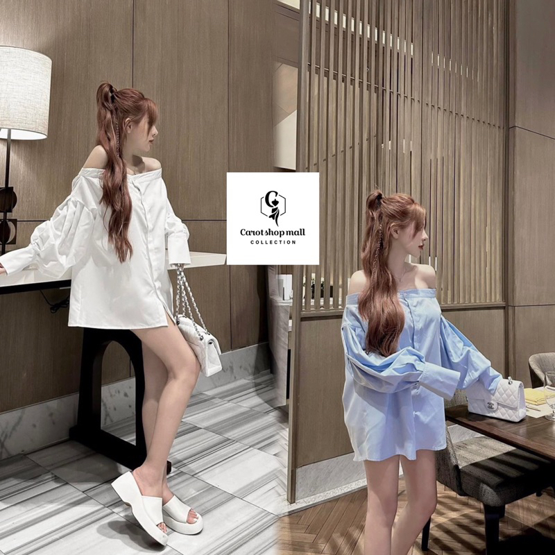 Set áo sơ mi trễ vai tay dài quần đùi - CarotShop