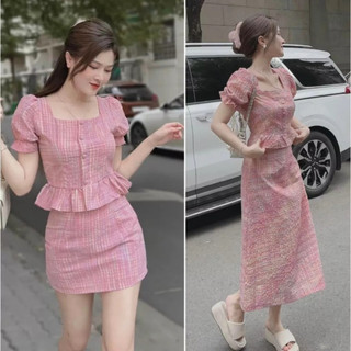 Set áo cổ vuông tay bồng chiết eo xoè mix chân váy chữ A HT068