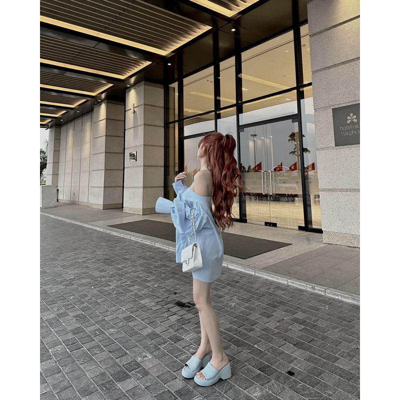 Set áo sơ mi trễ vai tay dài quần đùi - CarotShop