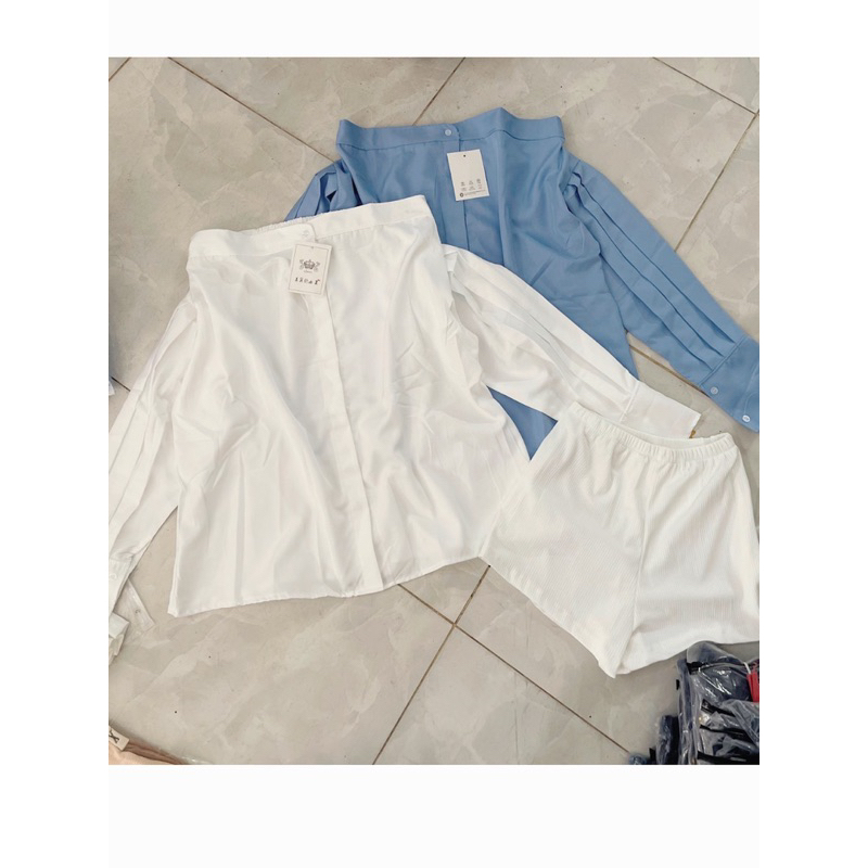 Set áo sơ mi trễ vai tay dài quần đùi - CarotShop