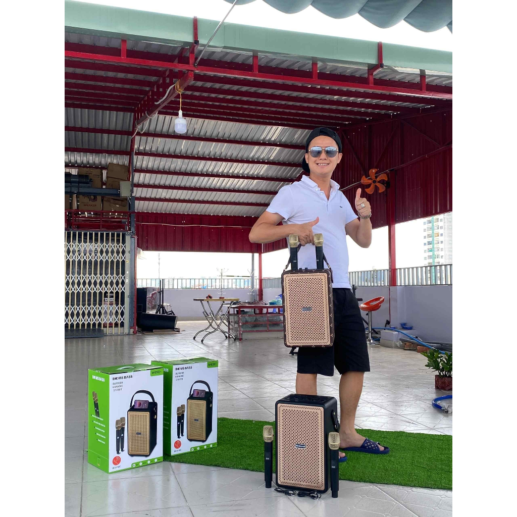 Loa Bluetooth Karaoke Booms Bass M4203 Bass Mạnh, Kèm 2 Micro Không Dây Bảo Hành 12 Tháng