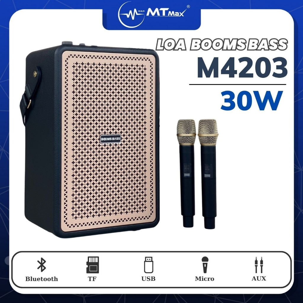 Loa Bluetooth Karaoke Booms Bass M4203 Bass Mạnh, Kèm 2 Micro Không Dây Bảo Hành 12 Tháng