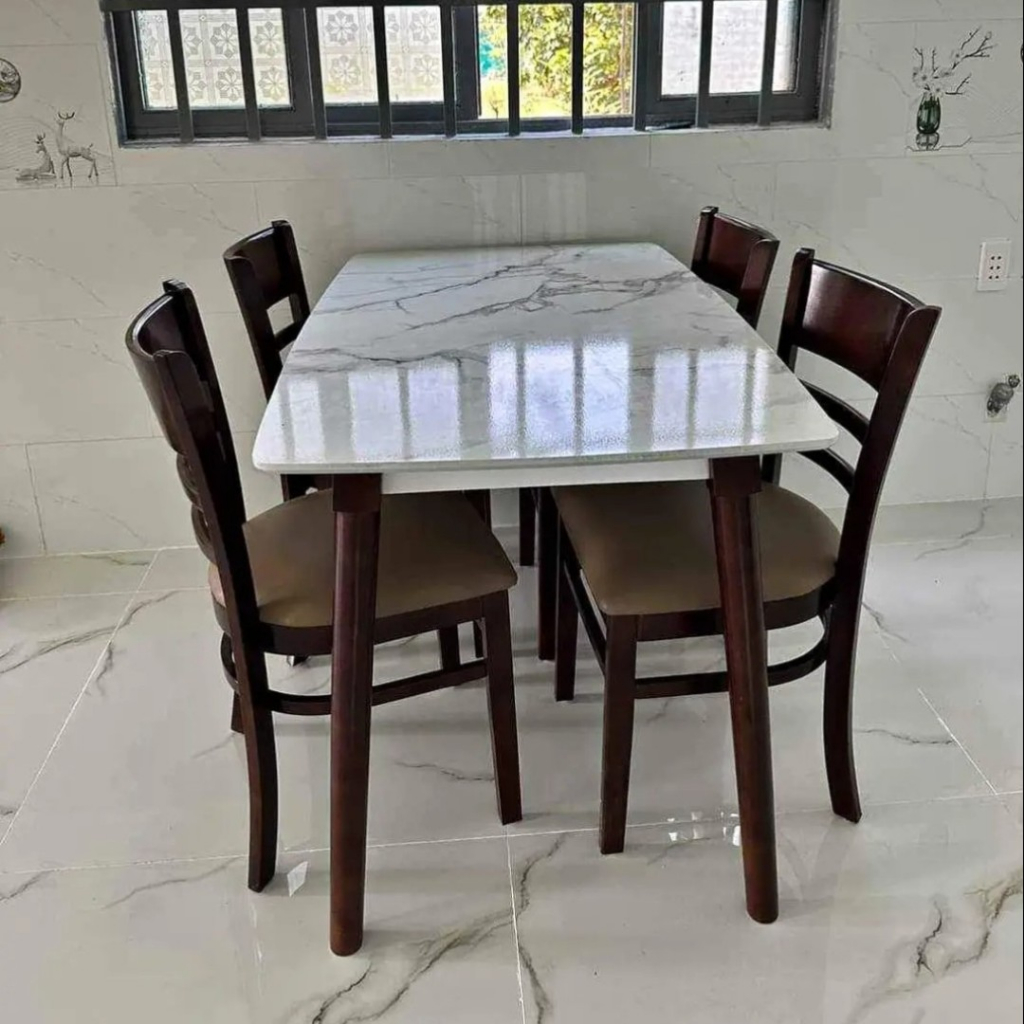 Bàn ăn giả đá 4 ghế cabin - bàn ăn 4 ghế gỗ cau su tự nhiên màu nâu - hàng chính hãng bảo hành 12 tháng
