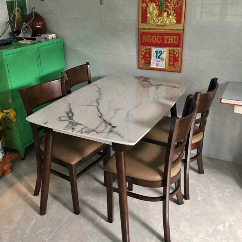 Bàn ăn giả đá 4 ghế cabin - bàn ăn 4 ghế gỗ cau su tự nhiên màu nâu - hàng chính hãng bảo hành 12 tháng