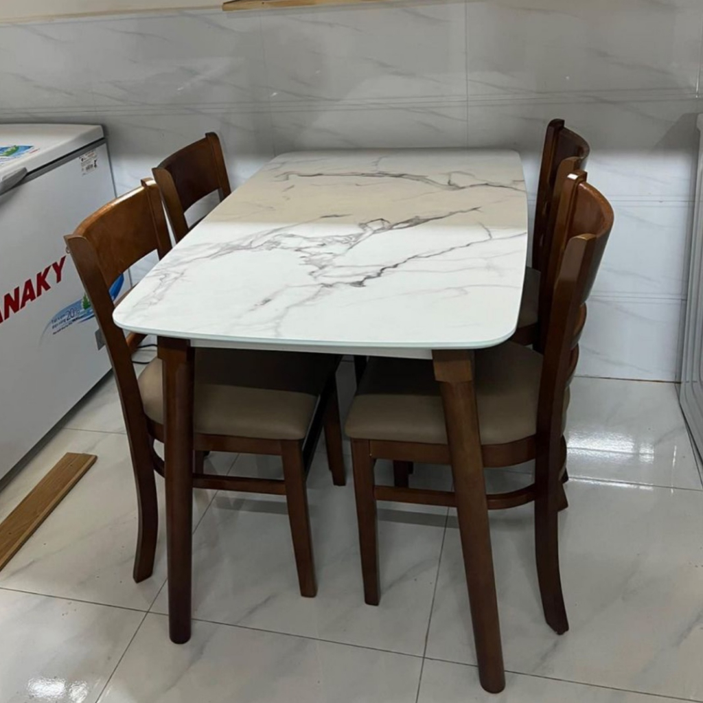 Bàn ăn giả đá 4 ghế cabin - bàn ăn 4 ghế gỗ cau su tự nhiên màu nâu - hàng chính hãng bảo hành 12 tháng