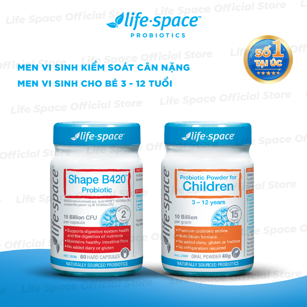 Combo Men vi sinh Life Space Shape B420 Probiotic 60v & Probiotic Power for Children dành cho bé 3 - 12 tuổi 40g