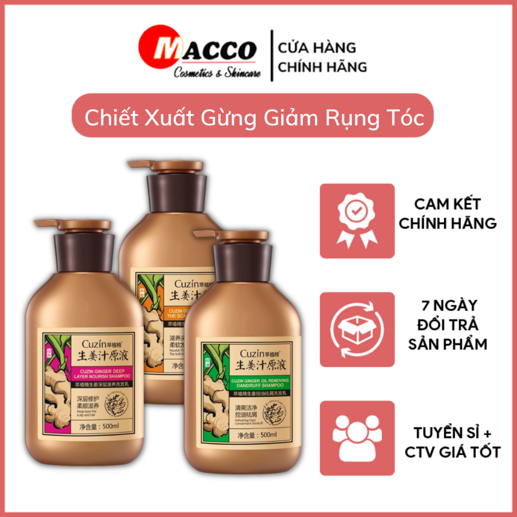 Dầu Gội, Dầu Xả Gừng Giảm Rụng Tóc Cuzin 500ml | Kiểm Soát Dầu Nhờn, Giảm Gàu, Kích Thích Mọc Tóc
