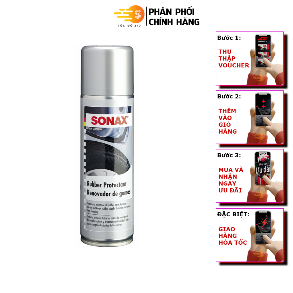 Chai xịt bảo dưỡng cao su, lốp xe Rubber Protectant Sonax 340200 300ml - Duy trì độ đàn hồi, chống nứt, chống bạc màu