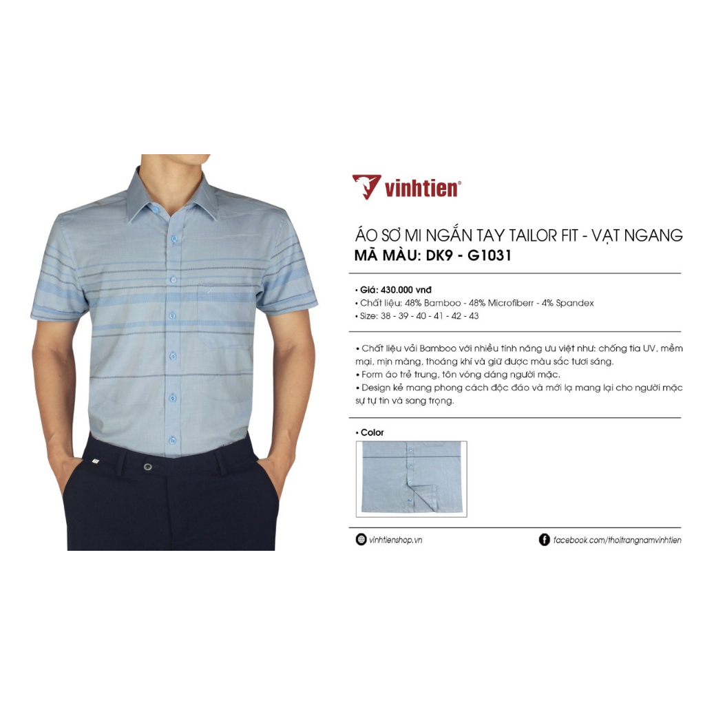 Áo Sơ Mi Ngắn Tay Bamboo Tailorfit Vĩnh Tiến- Dáng trẻ 430