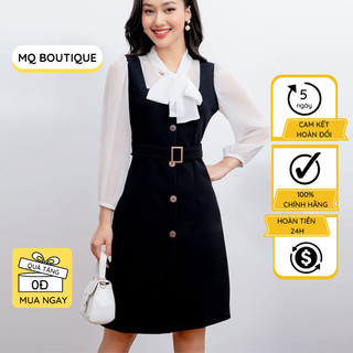 Váy công sở nữ liền thân dáng A pha voan tơ, tay dài buộc nơ cổ có đai thiết kế MQ Boutique cao cấp