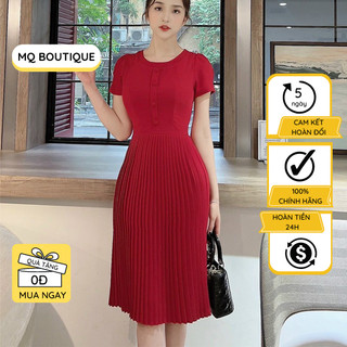 áy công sở nữ liền thân dáng xòe xếp ly nhỏ  ống tay rúm nhẹ, cổ tròn nẹp khuy bọc thiết kế MQ Boutique cao cấp