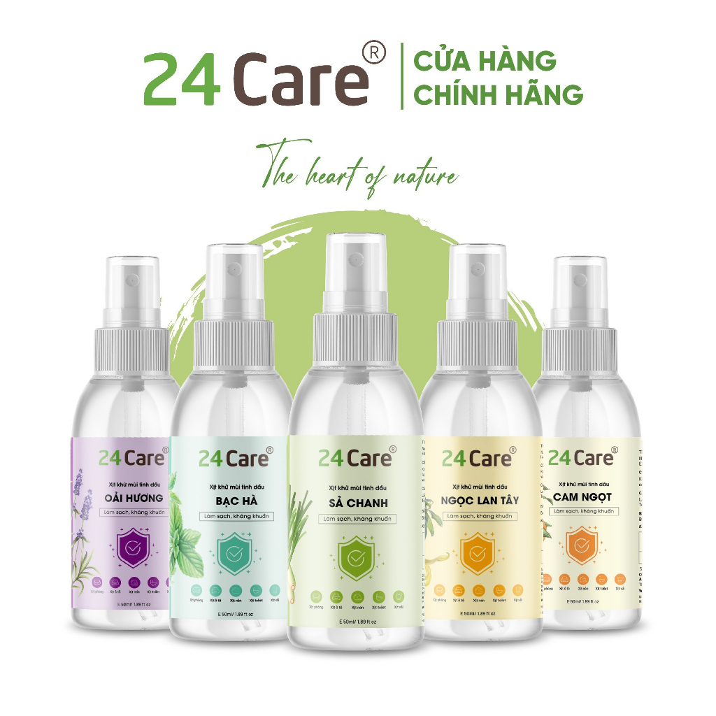 Xịt Phòng Tinh Dầu Sả Chanh Hữu Cơ Organic 24Care 50ML - Kháng khuẩn - Khử mùi hôi - Đuổi muỗi, côn trùng - Định tâm