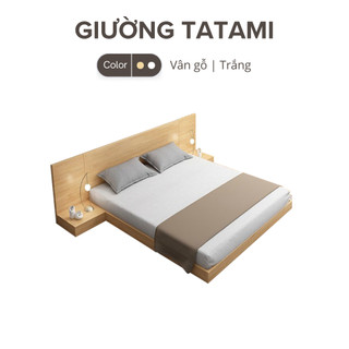 Giường ngủ bệt kèm tab đầu giường kiểu nhật cao 12cm gỗ mdf nhập khẩu ghc-9208