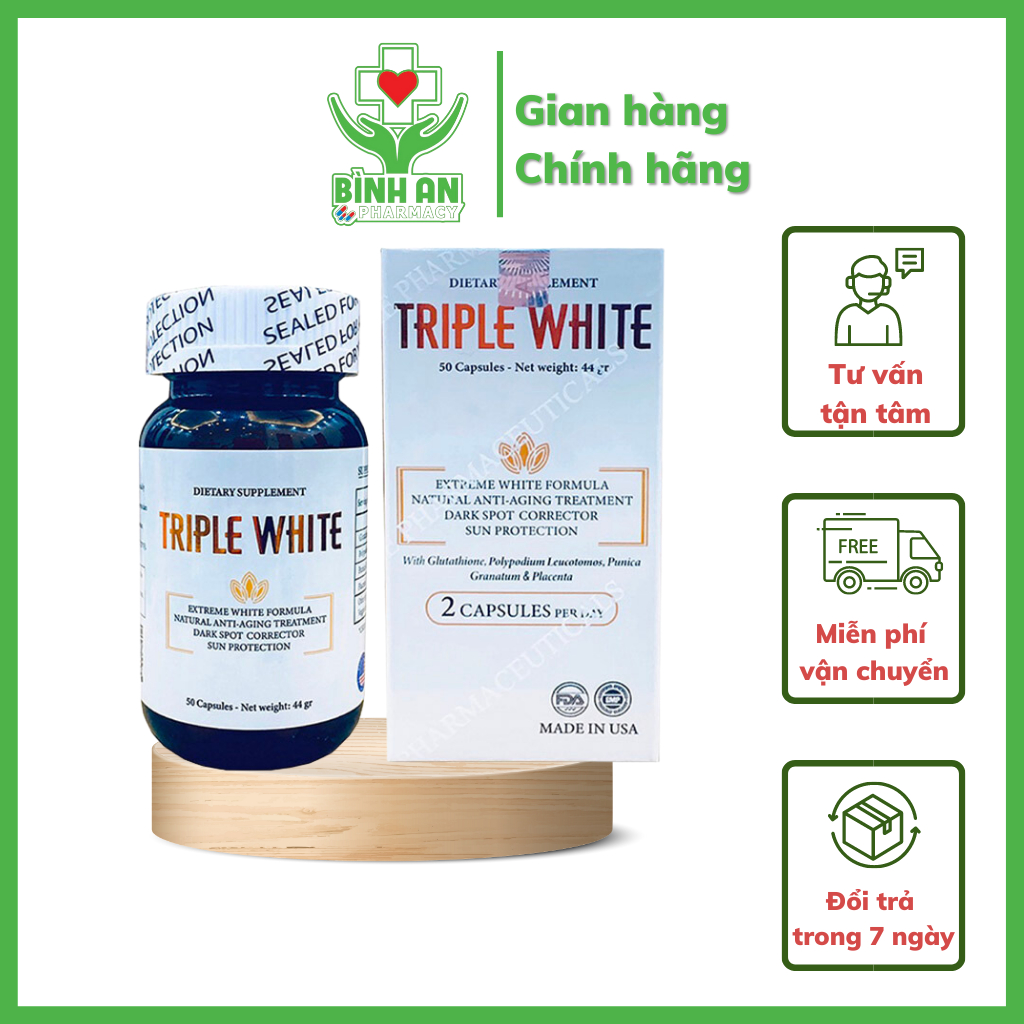 Viên uống trắng da TRIPLE WHITE - GLUTATHION 1200MG Trắng Da, Mờ nám, Giảm thâm - Hộp 50 viên
