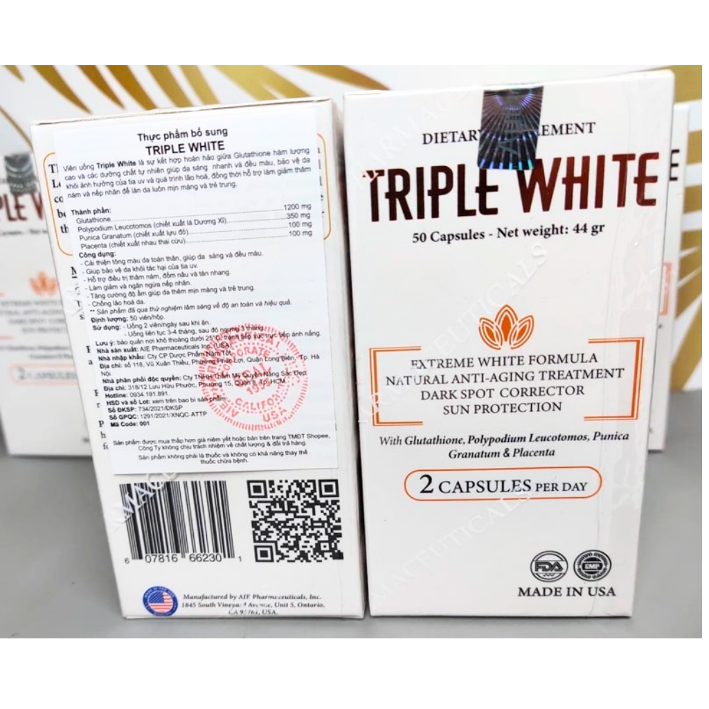 Viên uống trắng da TRIPLE WHITE - GLUTATHION 1200MG Trắng Da, Mờ nám, Giảm thâm - Hộp 50 viên
