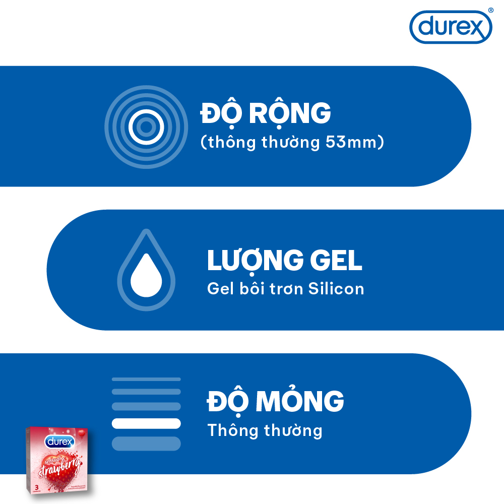 Bao cao su Durex Sensual Strawberry hương dâu (size 53mm, 3 bao/hộp)