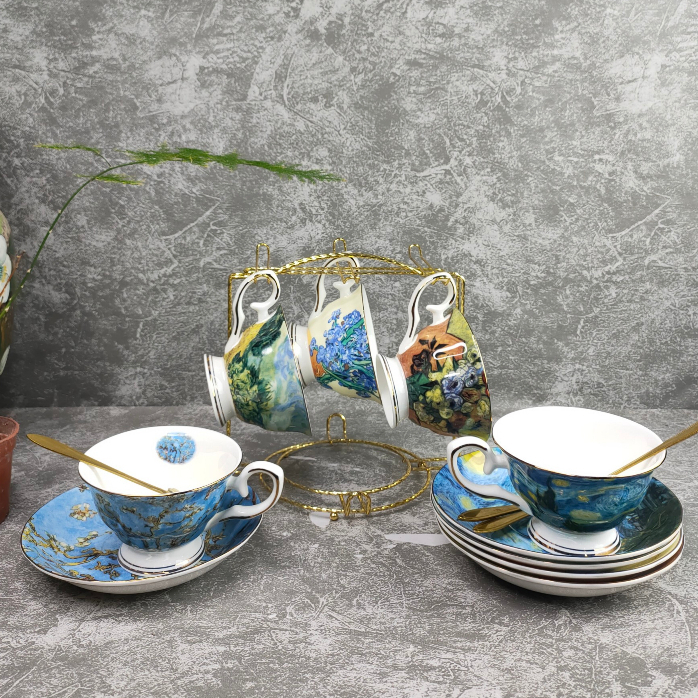 Bộ 5 tách trà khắc họa tranh Vangogh sứ xương cao cấp - Kèm giá treo mạ vàng