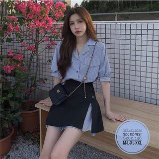 🌈bigsize set váy sơ mi sọc cổ vest 🌈