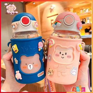 [TẶNG STICKER 2D VÀ 3D] Bình Nước Cho Bé Đi Học Có Ống Hút, Bình Uống Nước Gấu Cute 620ml Kèm Sticker
