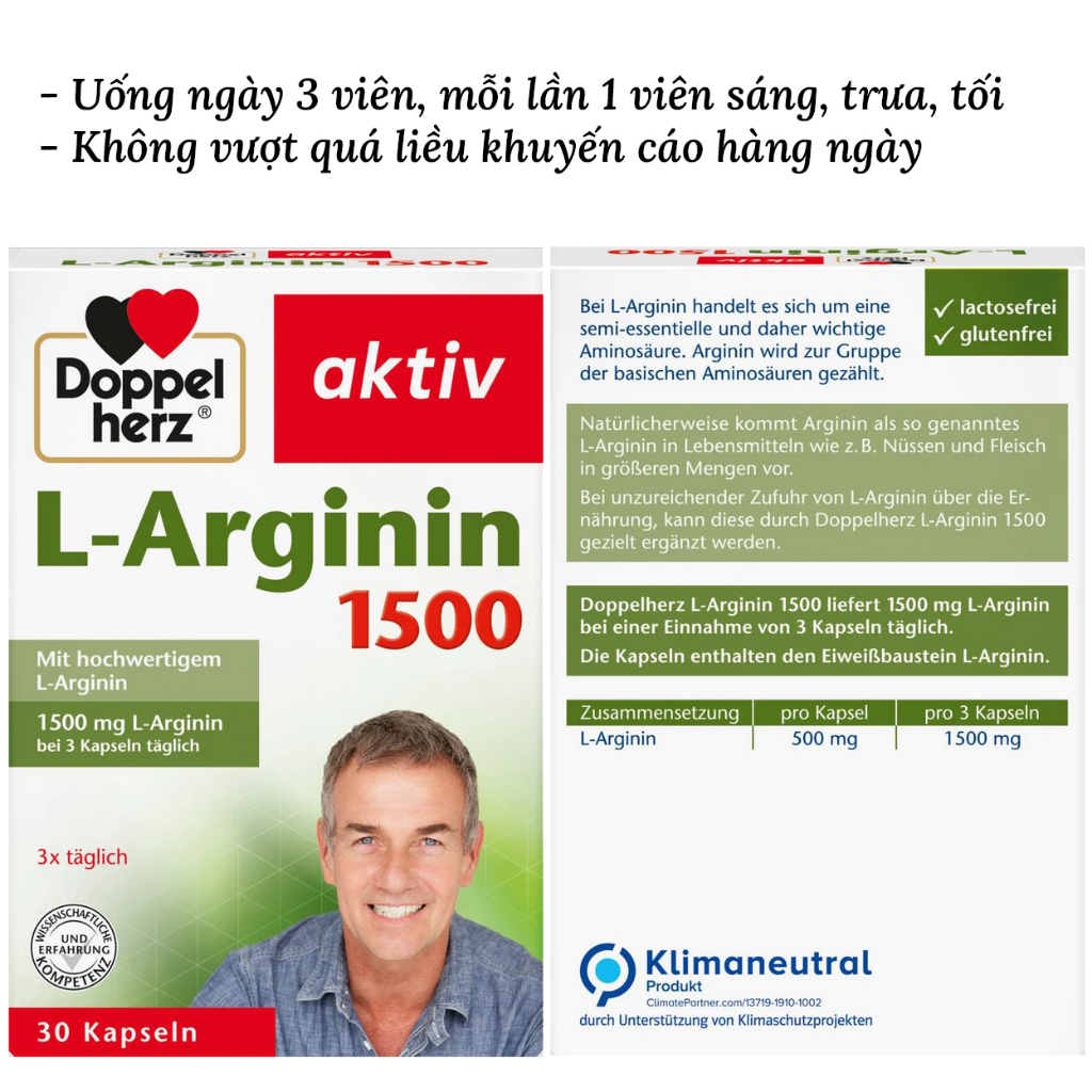 Viên uống bổ thận tráng dương L-Arginin Doppelherz, giúp tăng cường sinh lý nam giới, ngừa rối loạn cương dương 30v