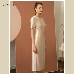Graphé - AUDREY beige dress/Đầm ôm body tay ngắn viền sọc hai bên thân