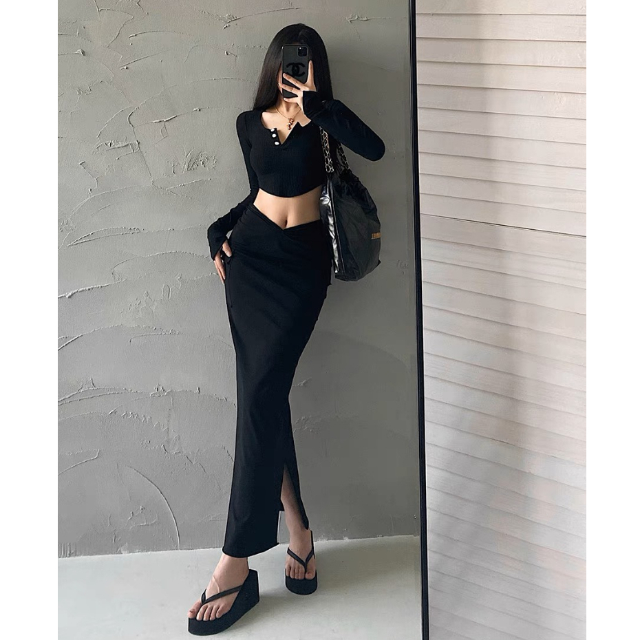 Chân váy thun douyin ôm cạp trễ V túi hộp dài midi đuôi cá xẻ 2 bên sexy douyin trendy Lolalalo