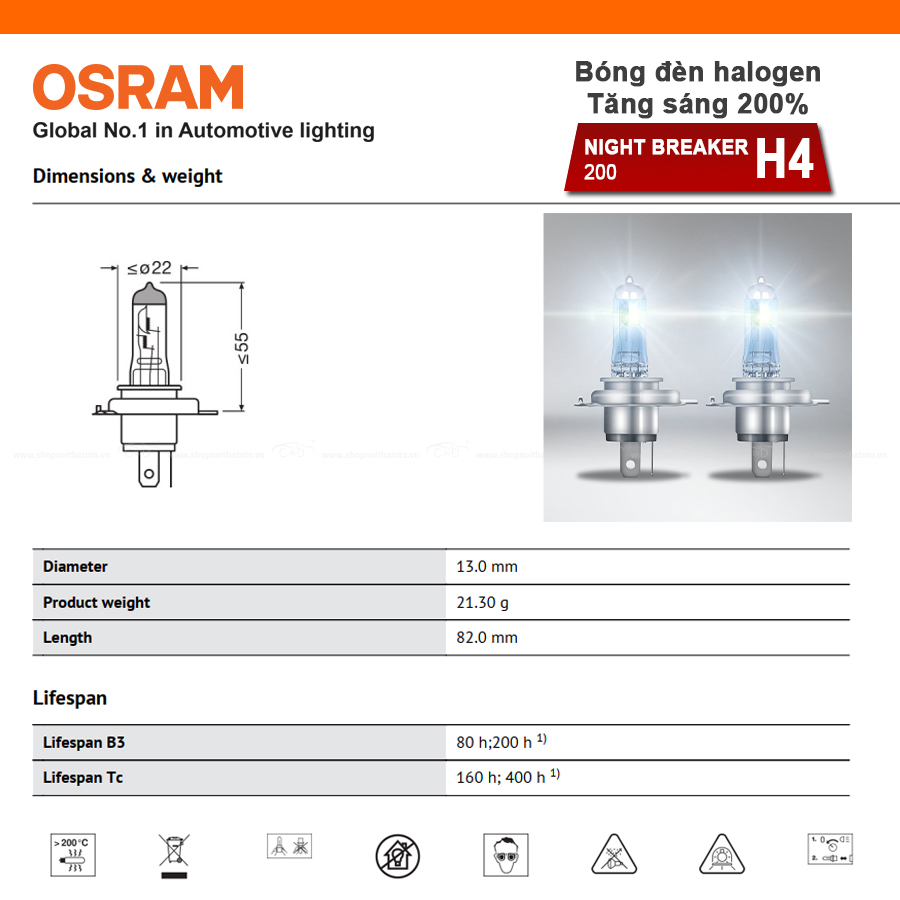 Combo 2 Bóng Đèn Halogen Tăng Sáng 200% OSRAM Night Breaker H4 64193NB200 12V 60/55W - Nhập Khẩu Chính Hãng