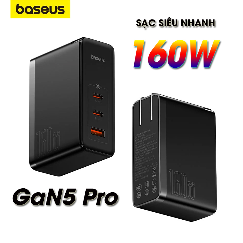Bộ Sạc Nhanh Baseus GaN5 Pro Digital Fast Charger 2C+U 160W CN (Kèm cáp C to C 240W, 48V/5A, 1m)