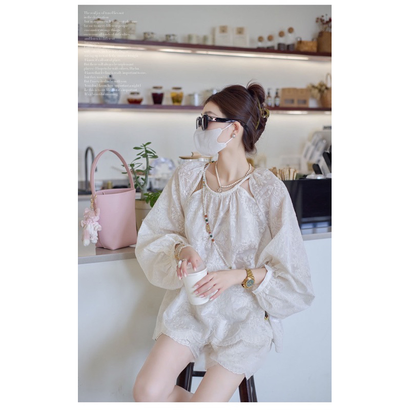 Set/Bộ Áo Ren Dài Tay Cổ Tròn Kèm Quần Short Trẻ Trung Năng Động - Sốp Nhỏ Order Taobao