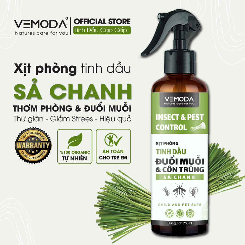 Bình xịt phòng tinh dầu Sả chanh Vemoda làm thơm phòng, đuổi muỗi và côn trùng hiệu quả