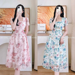 Váy hoa tơ cổ vuông dọc khuy cao cấp