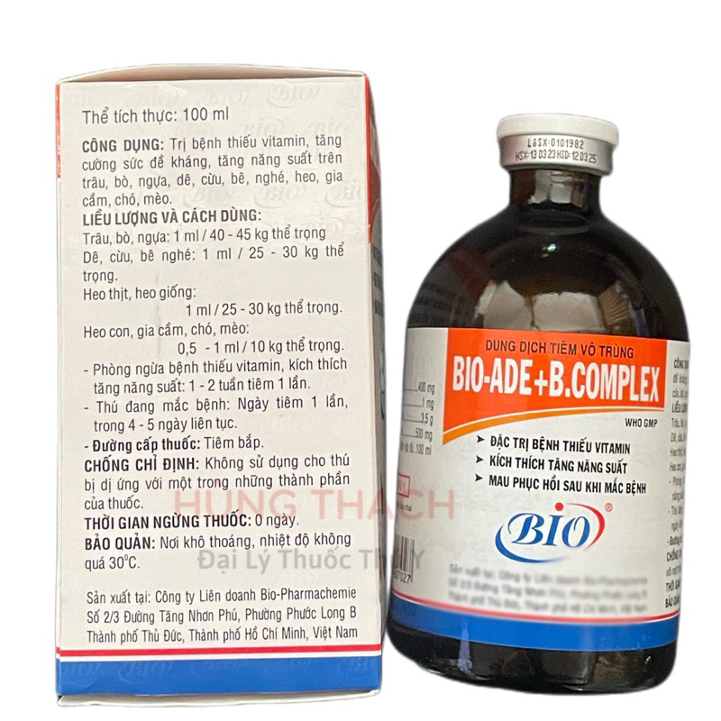 BIO ADE Bcomplex 100ml kích thích thèm ăn, thiếu vitamin, phục hồi nhanh, sinh sản tốt vật nuôi, thú cưng