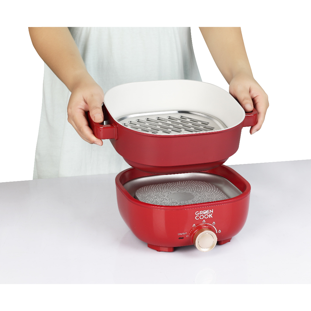 Nồi lẩu, nướng điện đa năng có xửng hấp Green Cook GCEH233-3L - Hàng chính hãng