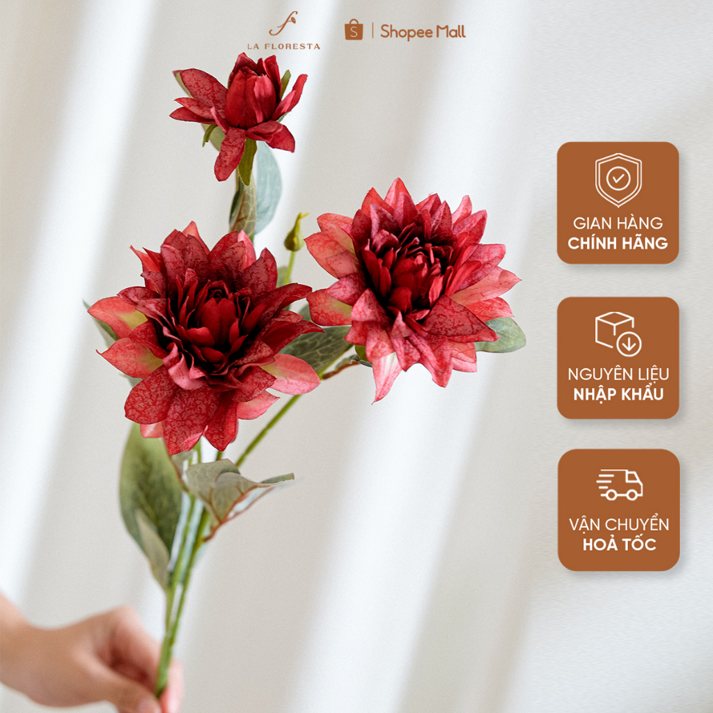 Cành Hoa Thược Dược Giả 2 Bông 1 Nụ LA FLORESTA Chất Liệu Lụa Nhập Khẩu Cao Cấp, Phù Hợp Để Trang Trí Mọi Không Gian