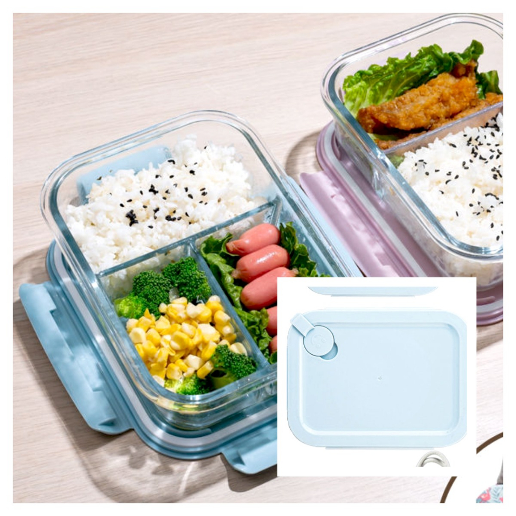 Hộp Cơm Thủy Tinh 3 Ngăn Xanh Dương - Nắp Chống Tràn - Hộp Mang Cơm Văn Phòng Tiện Lợi - Quay Được Lò Vi Sóng