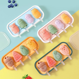 Khay làm kem khuôn làm kem silicone khuôn kem que bộ đồ dụng cụ làm kem cho bé có nắp kèm que tại nhà hình thú dễ thương