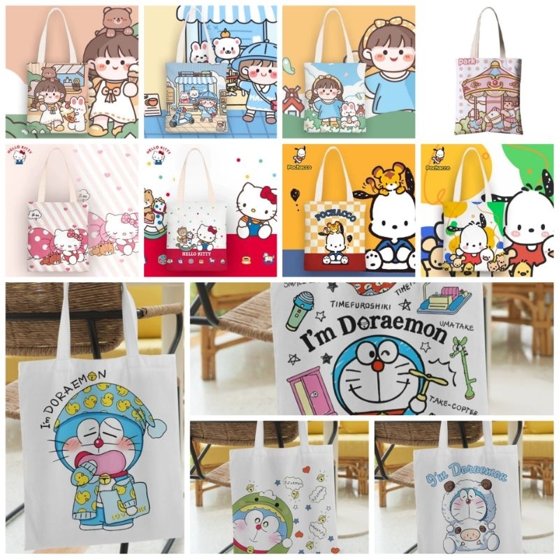 Túi tote nữ vải canvas in hoạt hình kitty, doraemon, pochaco, cô bé dễ thương