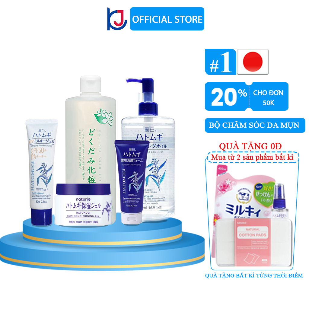 Combo 5 bước làm sạch, dưỡng ẩm và chống nắng cho da dầu mụn Hatomugi Nhật Bản