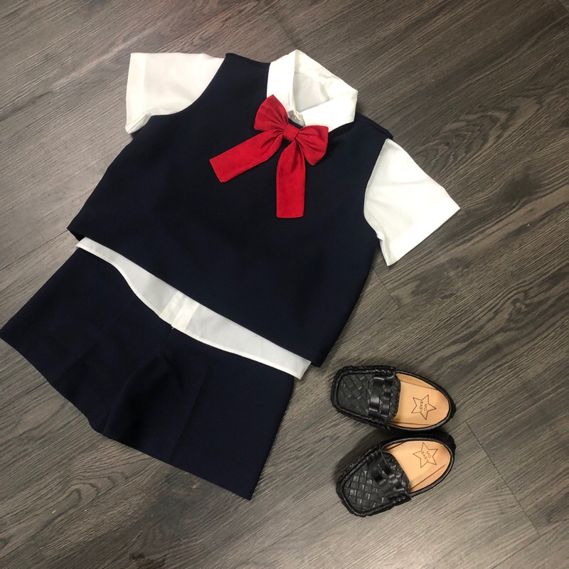 Sét đồ học sinh hàn quốc nơ đỏ cute cho bé