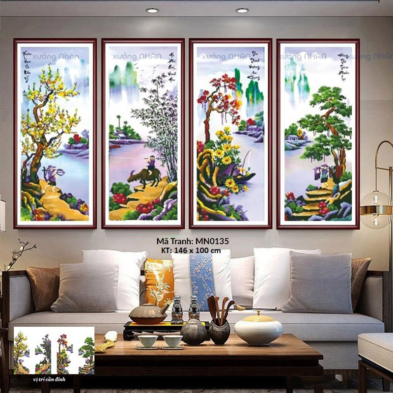 Tranh thêu kín tứ quý - tiều ngư canh mục- mã MN0135 LV040- size 146x100cm - tranh chưa thêu