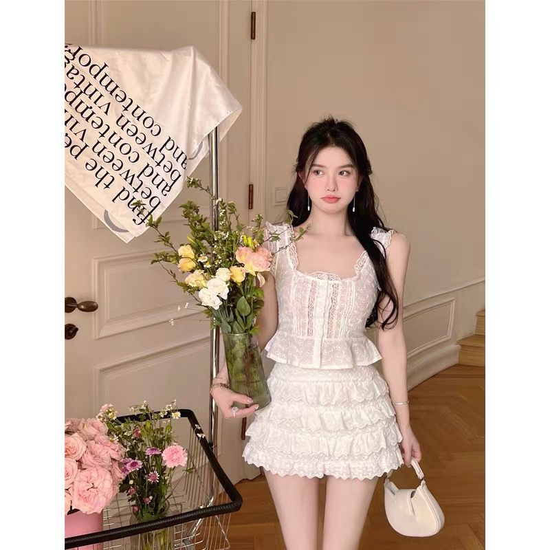 Set bộ đồ nữ mùa hè, bộ nữ hè áo ren và chân váy ngắn xếp tầng mát mẻ đi chơi du lịch thoải mái CS09